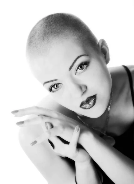 Bald-headed girl, black and white — Stock Photo, Image