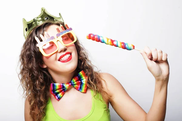 Young woman having fun. Young pretty woman with crown is laughin — Stock Photo, Image