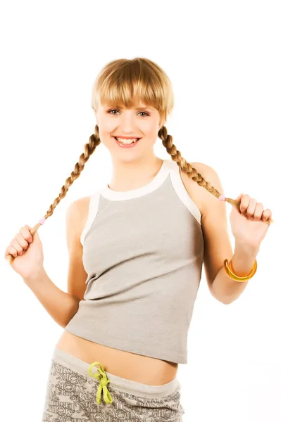 Jovem mulher desportiva sobre fundo branco — Fotografia de Stock