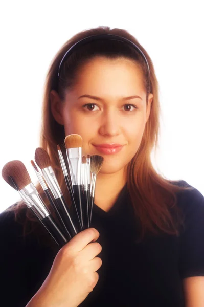 Cosmetician mulher sobre fundo branco — Fotografia de Stock