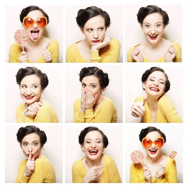 Collage della stessa donna che fa espressioni diverse — Foto Stock