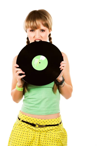Hravá blondýnka s vinylovými deskami — Stock fotografie