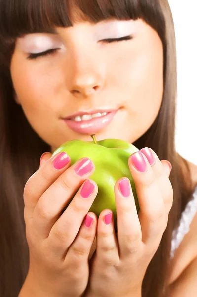 Κορίτσι διατροφικές πράσινο μήλο — Φωτογραφία Αρχείου