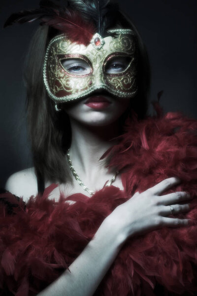 Sexy mysterious woman wearing mask on black background