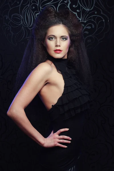 Elegant lady with stylish long hairstyle. Bright make up and bla — Stock Photo, Image