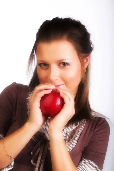 Smiling woman with red apple — Stock Photo, Image