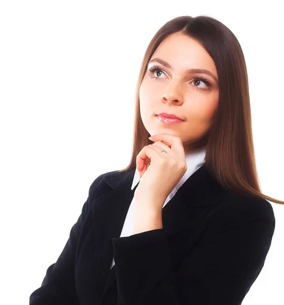 Zufriedene Geschäftsfrau vor weißem Hintergrund — Stockfoto