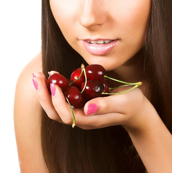 Beauty woman with  cherries on white — Stock Photo, Image