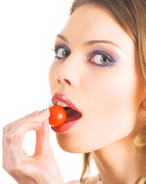 Woman and tomatos — Stock Photo, Image