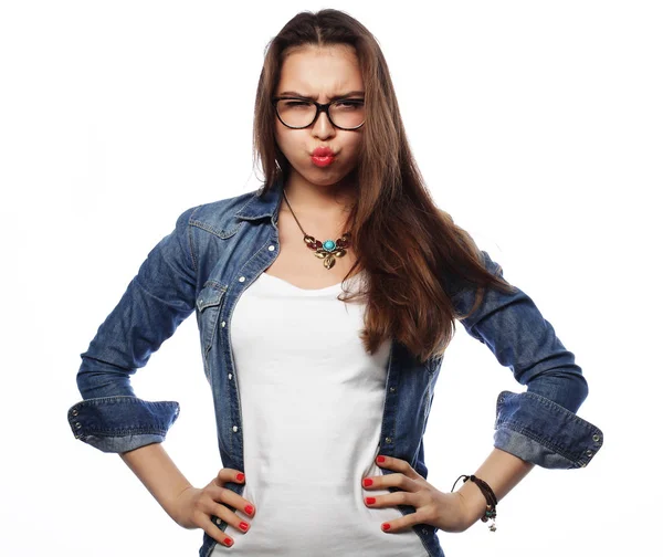 Surprised young woman in glasses over white background — Stock Photo, Image