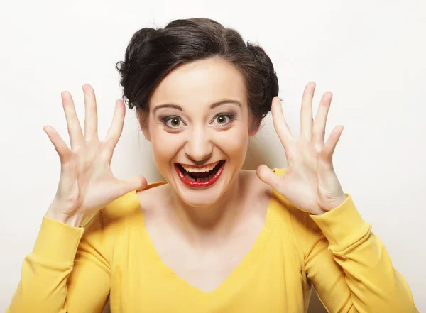 Picture of surprised woman face over white — Stock Photo, Image