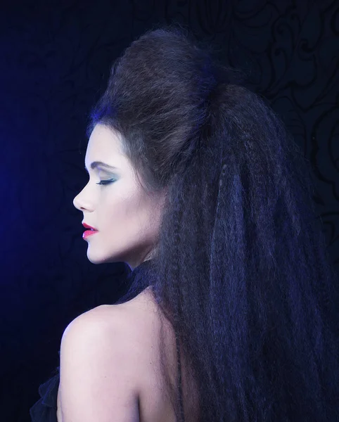 Giovane donna bruna con capelli alti e trucco luminoso, gotico — Foto Stock