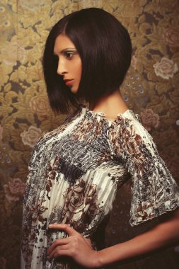 Şık elbiseli güzel bir kadın, stüdyo fotoğrafı.