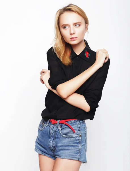 Fashion girl model posing on white background — Stock Photo, Image