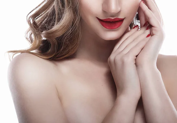 Red Sexy Lips and Nails closeup. Blond hair. Manicure and Makeup — Stock Photo, Image