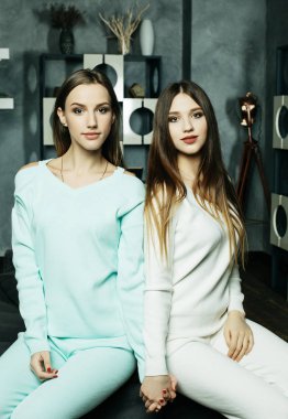 Oturma odası evde kamerada bakarak kanepede oturan iki gülümseyen arkadaş