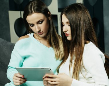 İki güzel genç kadın rahatlatıcı bir dizüstü bilgisayar arayan oturma odası katta