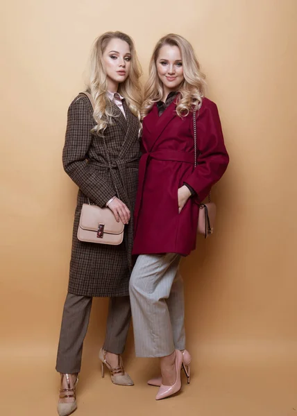 Fashion portret van twee meisjes, beste vrienden poseren indoor op beige achtergrond dragen winter stijlvolle jas. — Stockfoto