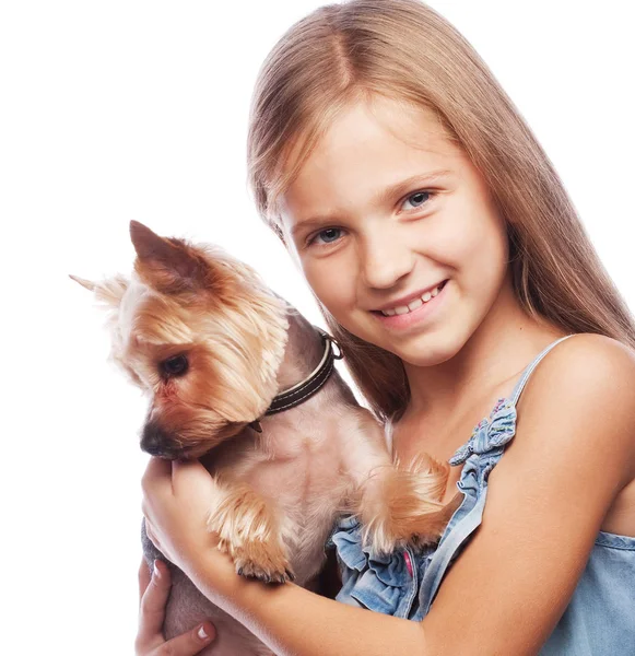 Happy girl holding her lovely yorkshire terrier dog. Isolated on — Stock Photo, Image