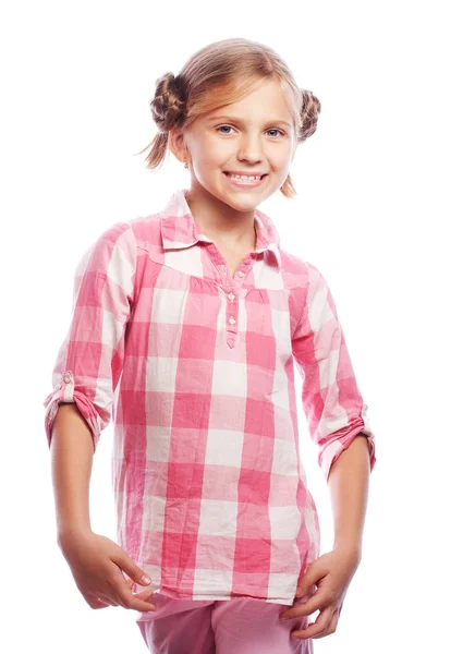 Портрет щасливої маленької дівчинки на білому тлі — стокове фото