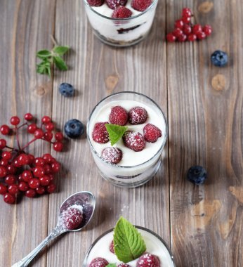 Yoğurt ve granola ile sağlıklı kahvaltı. Üst Manzara. Kapat..