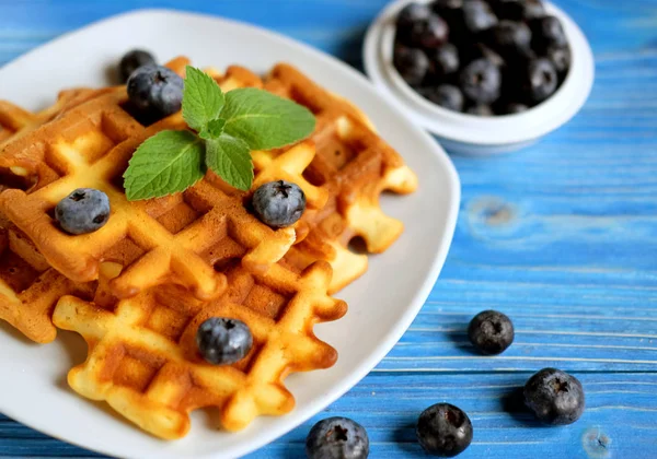 Homemade waffles with blueberries in plate on wooden table — Stock Photo, Image