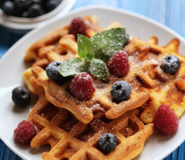 Traditional belgian waffles with fresh berrys and sugar powder — Stock Photo, Image