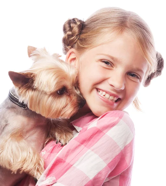 Szczęśliwa dziewczyna trzyma jej śliczny yorkshire terrier pies. — Zdjęcie stockowe