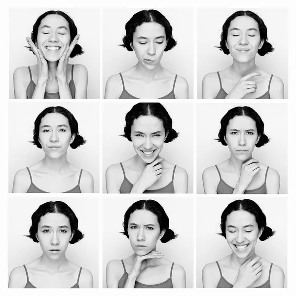 Collage de la misma mujer haciendo diferentes expresiones — Foto de Stock