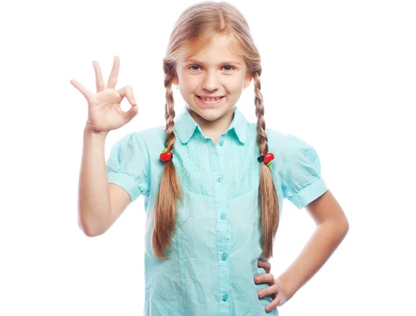 Close-up emotional portrait of attractive caucasian girl. Beautiful happy schoolgirl making ok gesture and looking at camera. — Stock Photo, Image