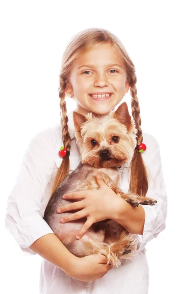 Chica feliz sosteniendo su adorable perro terrier yorkshire. Aislado sobre fondo blanco . —  Fotos de Stock