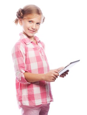 teknoloji, insan ve eğitim kavramı - tablet bilgisayar ile küçük kız
