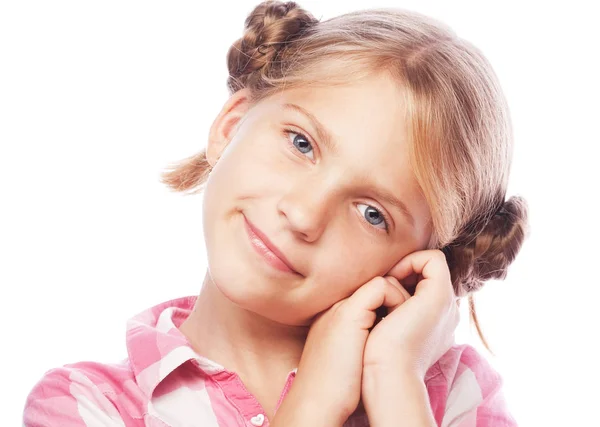 Porträtt av en glad liten tjej över vit bakgrund — Stockfoto