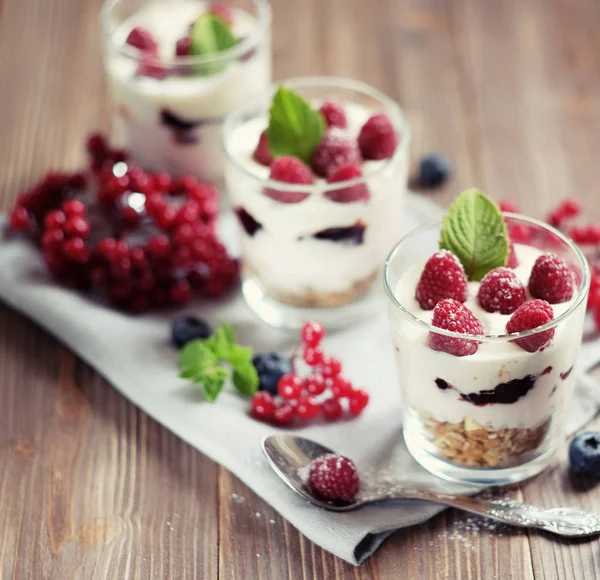 Természetes joghurt friss bogyókkal és müzlivel. Egészséges desszert.. — Stock Fotó