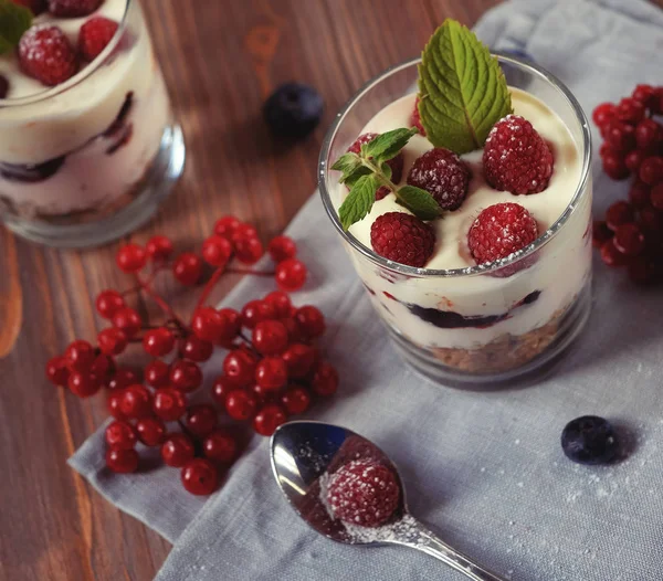 Iogurte natural com bagas frescas e muesli. Sobremesa saudável. — Fotografia de Stock