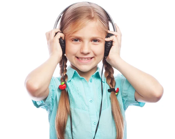 Technology, people and music concept - little blond girl with headphones isolated on white background — Stock Photo, Image