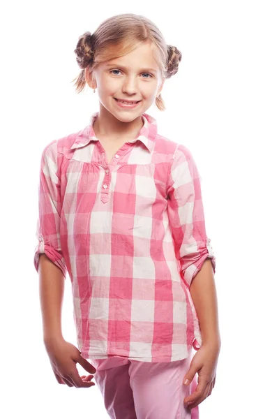 Retrato de uma menina feliz sobre fundo branco — Fotografia de Stock