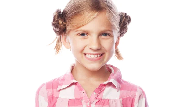 Riendo hermosa chica feliz mirando a la cámara aislada sobre fondo blanco. Concepto de estilo de vida . — Foto de Stock