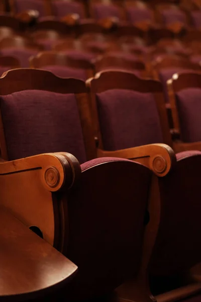 Cadeiras de teatro numeradas com veludo vermelho — Fotografia de Stock