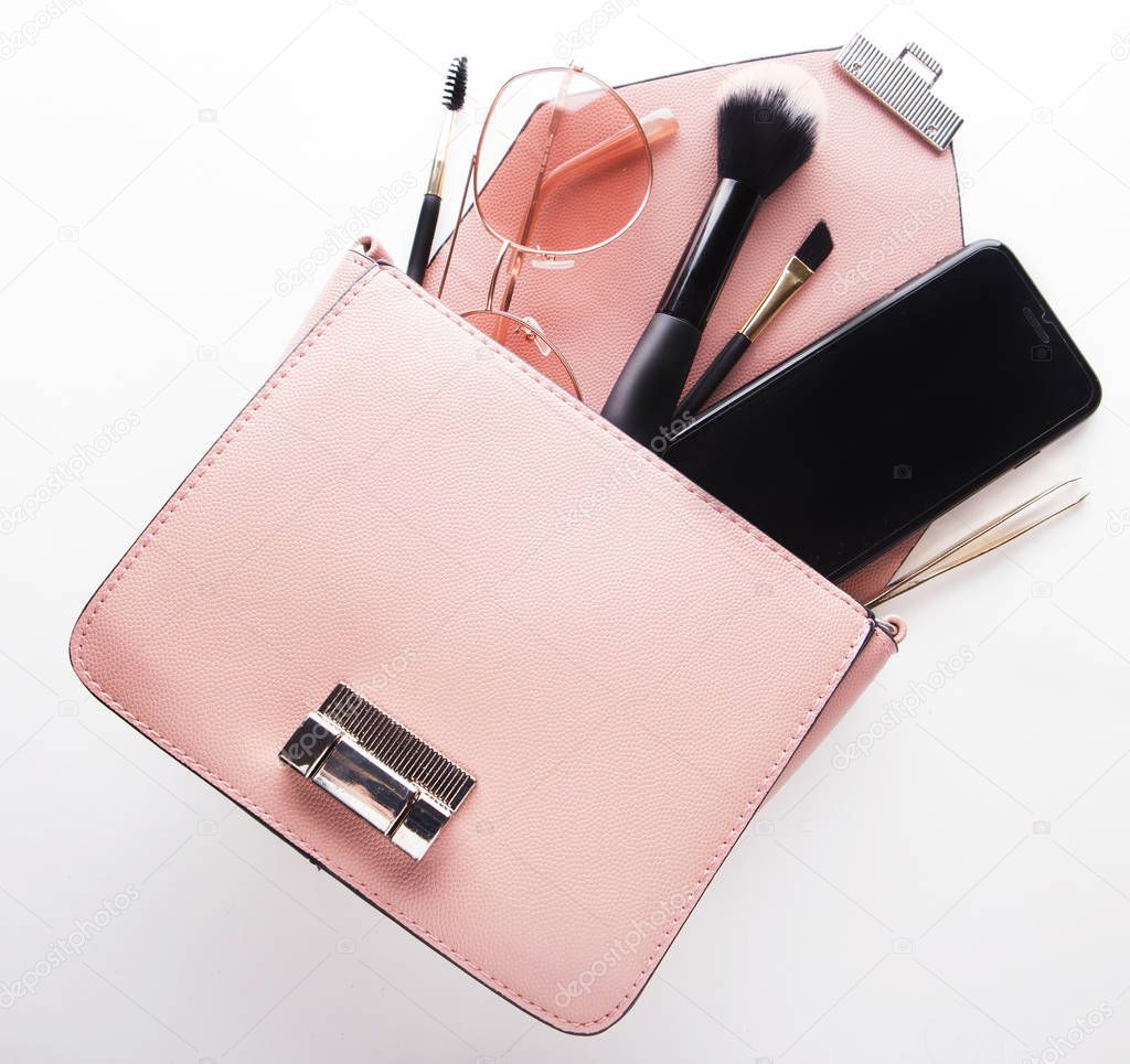 Women Fashion Bag  and Accessories for Women make up And jewelry Beauty concept. White background.