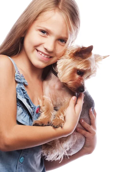 Belle fille blonde avec mignon chien terrier yorkshire, isolé sur blanc — Photo