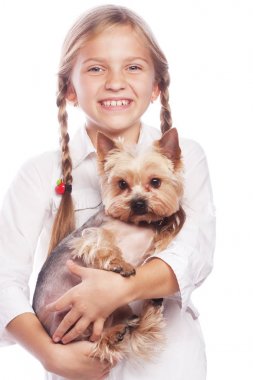 Mutlu kız güzel yorkshire terrier köpeği holding.