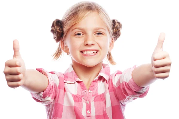Snímek šťastné malé dítě dívka stojící izolované na bílém pozadí — Stock fotografie