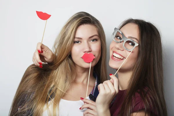 Two stylish sexy hipster girls best friends ready for party, over white background — Stock Photo, Image