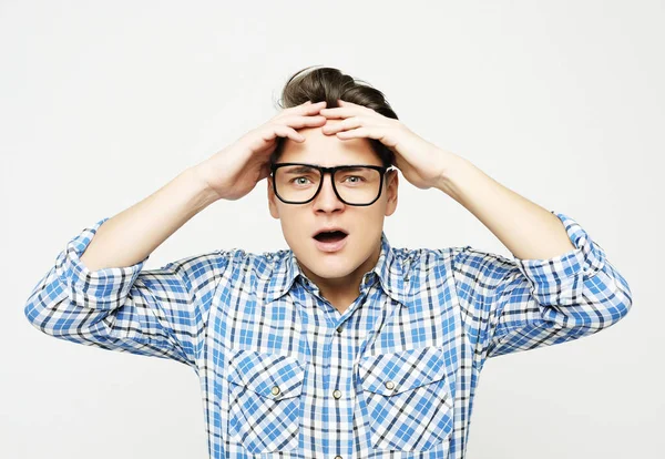 Astonished young crazy man feels stress. — Stock Photo, Image