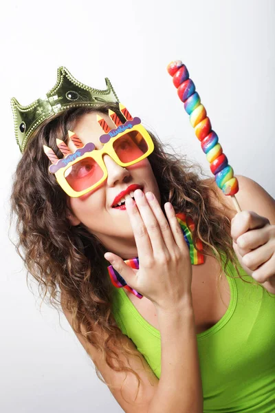 Lovely woman with crown and funny sunglasses — Stock Photo, Image