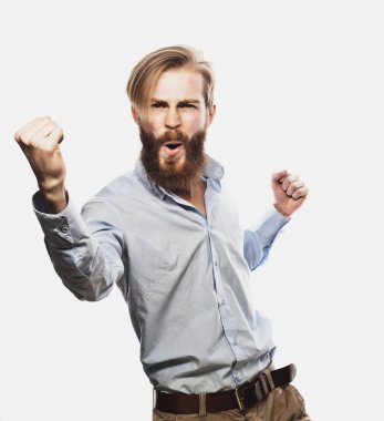 İş adamı başarısını beyaz arka planda kutluyor