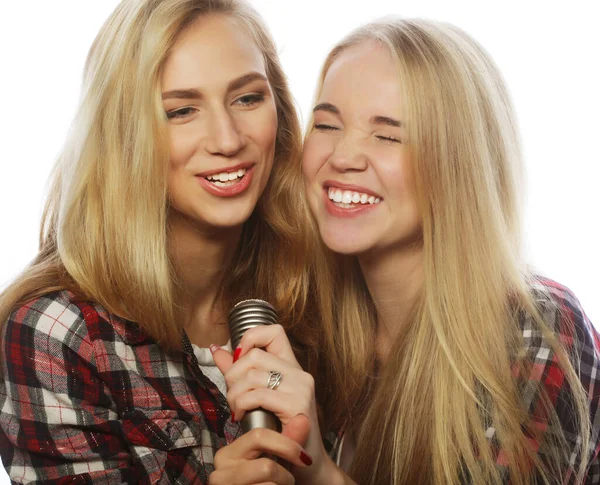 Zwei Schönheitsmädchen mit Mikrofon, die singen und Spaß haben — Stockfoto