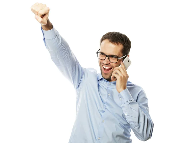 Successful gesturing business man with mobile — Stock Photo, Image