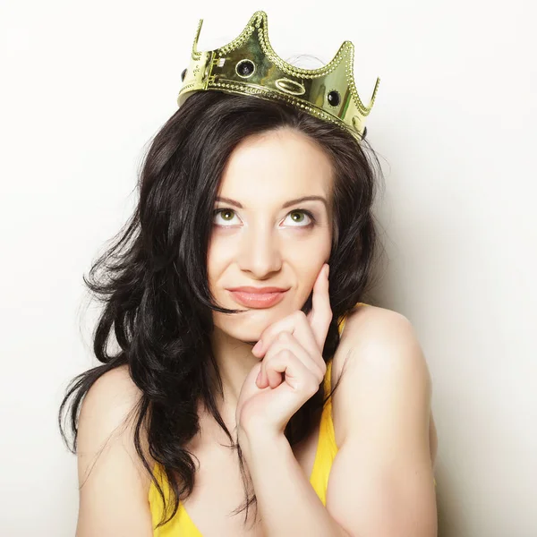 Lifestyle, people and emotional concept: young woman in crown — Stock Photo, Image